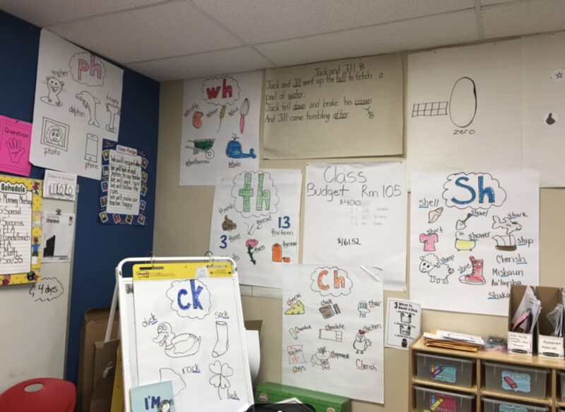 classroom with anchor charts hanging on the walls 